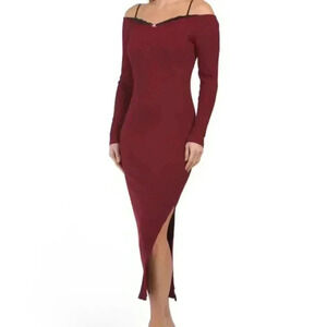 Off The Shoulder Lace Trim Midi Dress (Color: Burgundy)